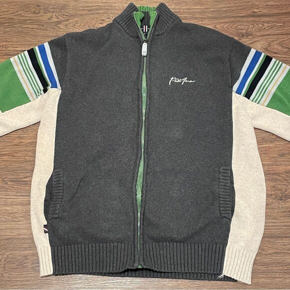 Vintage Phat Farm Men’s Zip Up Long Sleeve Sweater Cream Gray Green Blue Size XL - Picture 2 of 12